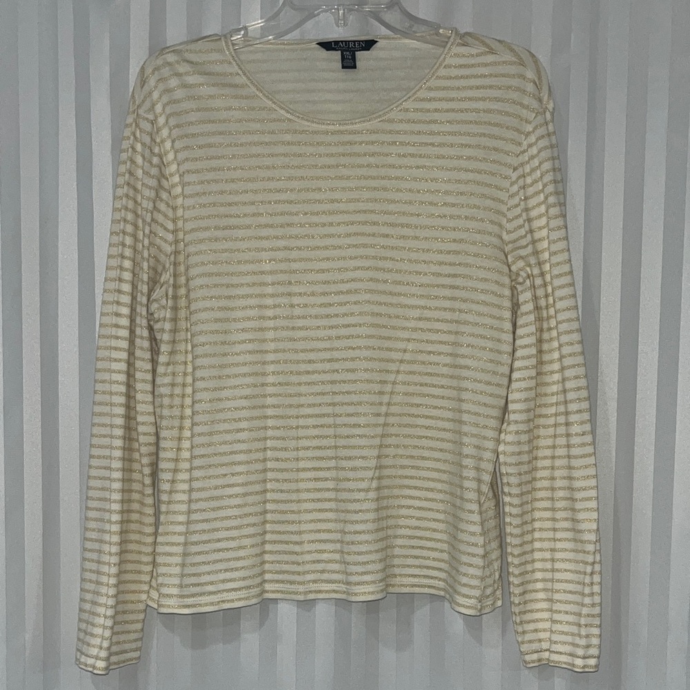 Lauren Ralph Lauren Beige and Metallic Gold Striped Top